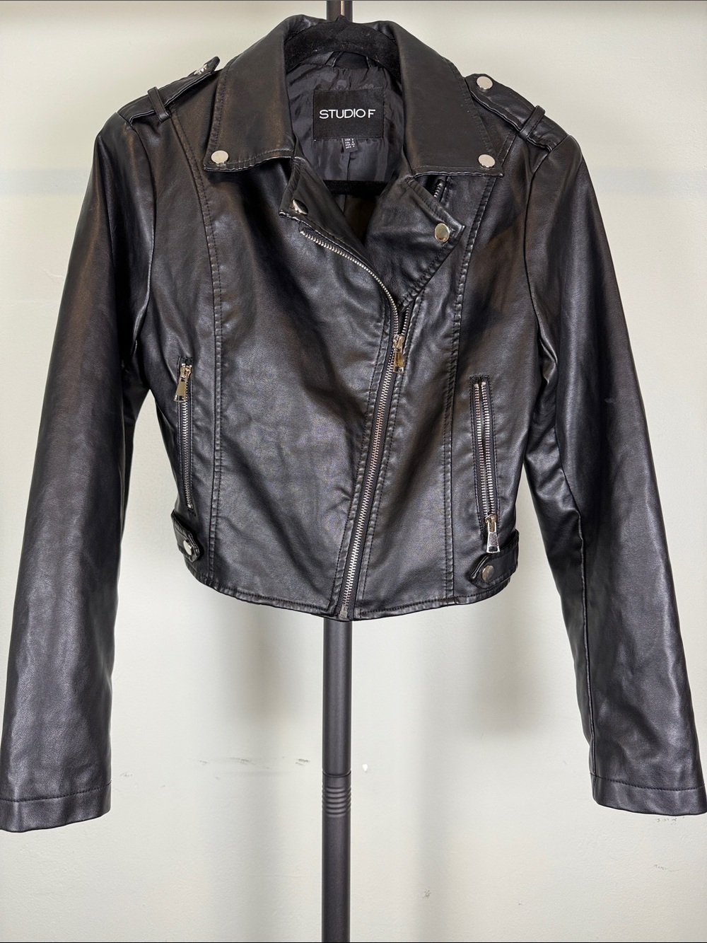 Studio F Black Faux Leather Moto Biker Jacket Size 2